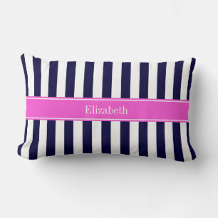 Marinblå Vit Rand Het Pink Namn Monogram Lumbarkudde