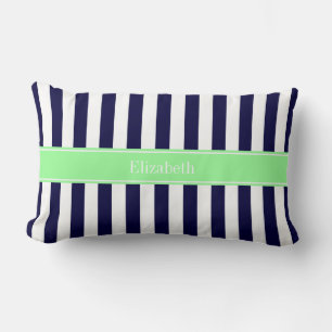 Marinblå Vit Rand Mintgrön Namn Monogram Lumbarkudde