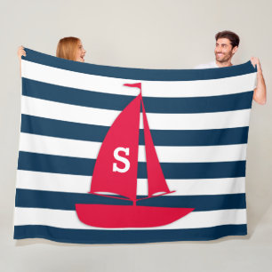 Marinblå Vit Randig Monogram Röd Båt Marin Fleecefilt