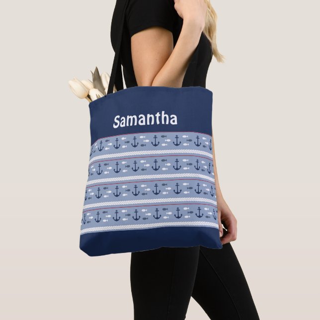 Marinblå Vit Röd Ankare Monogram Totebag Tygkasse (Närbild)
