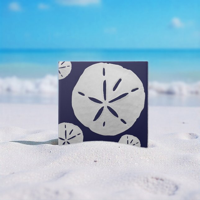 Marinblå & Vit Tropisk Strand Sanddollar Kakelplatta (Skapare uppladdad)