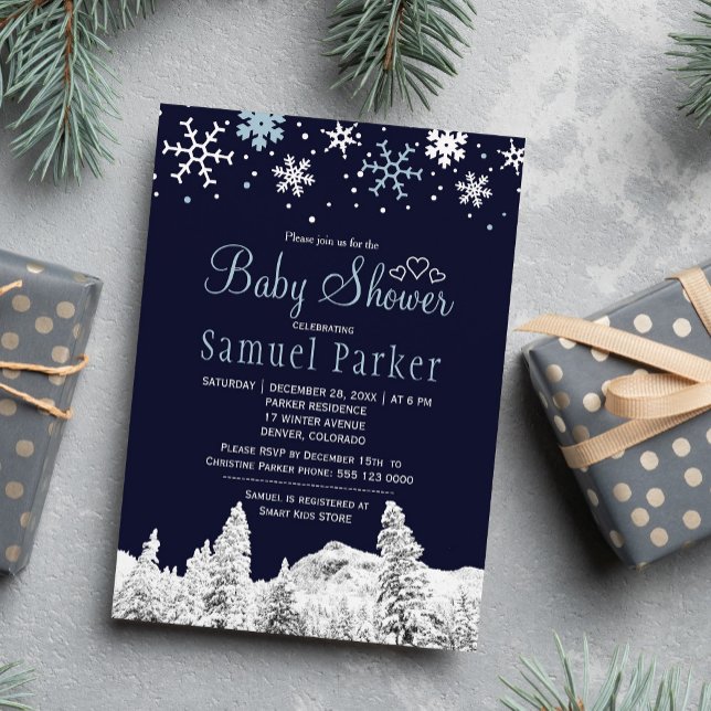 Marinblå vit underbar vinterbebis-babyshower inbjudningar (Skapare uppladdad)