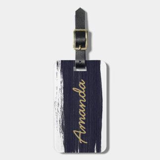 Marinblå vita akvarellpenseldrag monogram bagagebricka