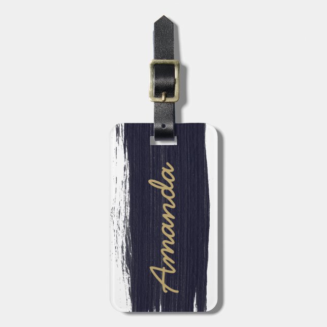 Marinblå vita akvarellpenseldrag monogram  bagagebricka (Vertikal Framsida)