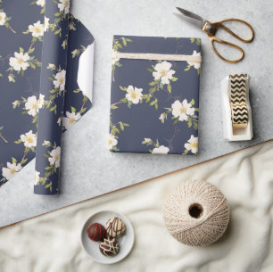 Marinblå Vita Blommor Presentpapper