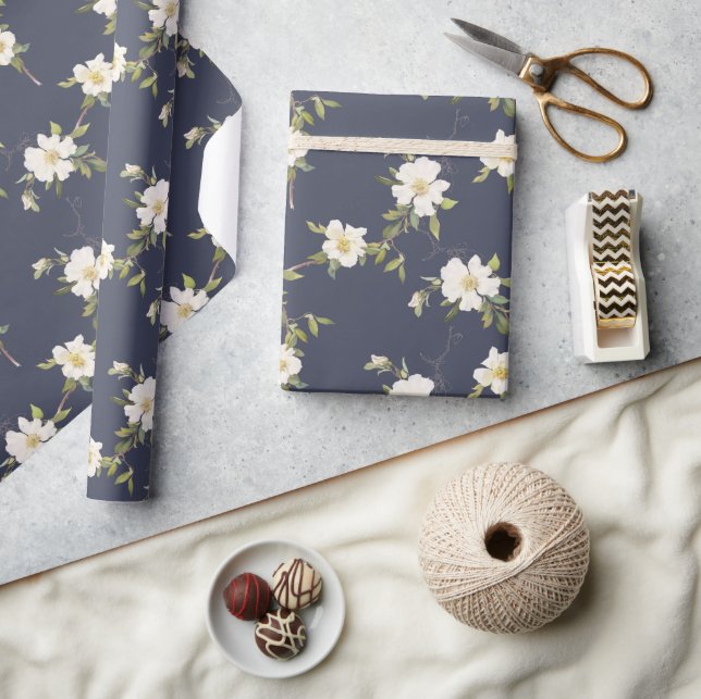 Marinblå Vita Blommor Presentpapper (Hantverk)