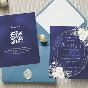 Marinblå vita blommor vigsel QR RSVP inbjudan