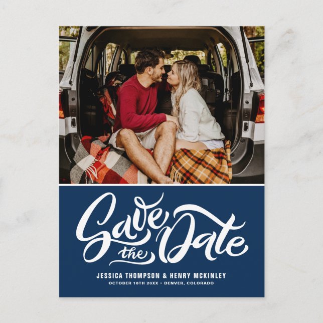 Marinblå Whimsical Bokstäver Foto Spara Datum Meddelande Vykort (Framsida)