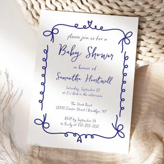 Marinblå Whimsical Handskriven Pojk Babyshower Inbjudningar (Skapare uppladdad)