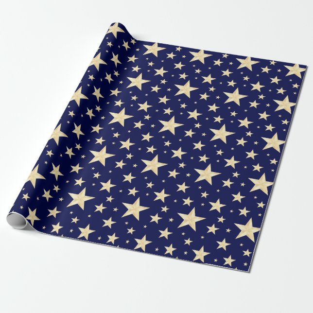 Marinblåa Monder & Fauxguld omkullkastar Starry Presentpapper (Utrullad)