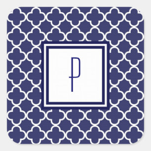 Marinblåa Quatrefoil Monogramklistermärkear Fyrkantigt Klistermärke