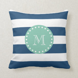 Marinblåa randar mönster, grön Monogram för Mi Kudde