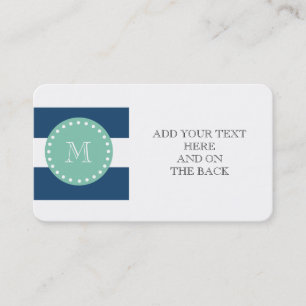 Marinblåa randar mönster, grön Monogram för Mint Visitkort