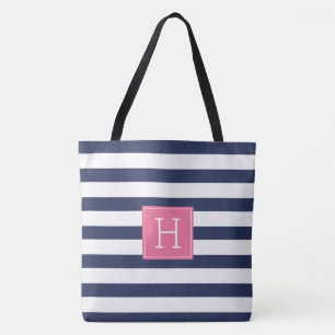 Marinblåa randar och rosa Monogram Tygkasse