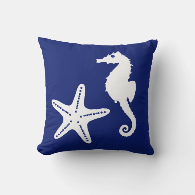 Marinblåa Seahorse & sjöstjärna - och vit Kudde (Framsida)
