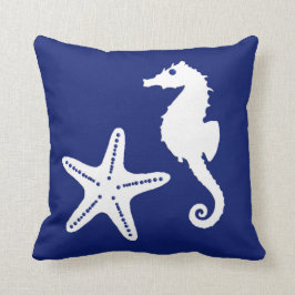 Marinblåa Seahorse & sjöstjärna - och vit Kudde