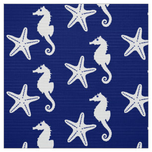 Marinblåa Seahorse & sjöstjärna - och vit Tyg