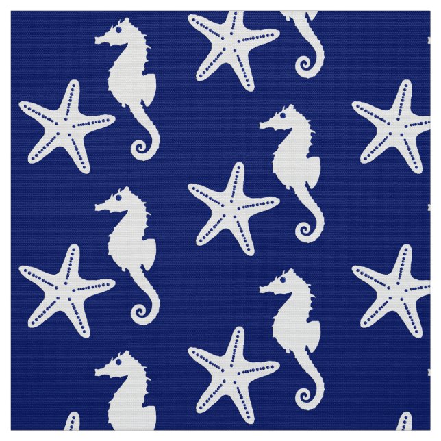 Marinblåa Seahorse & sjöstjärna - och vit Tyg (Provkarta)