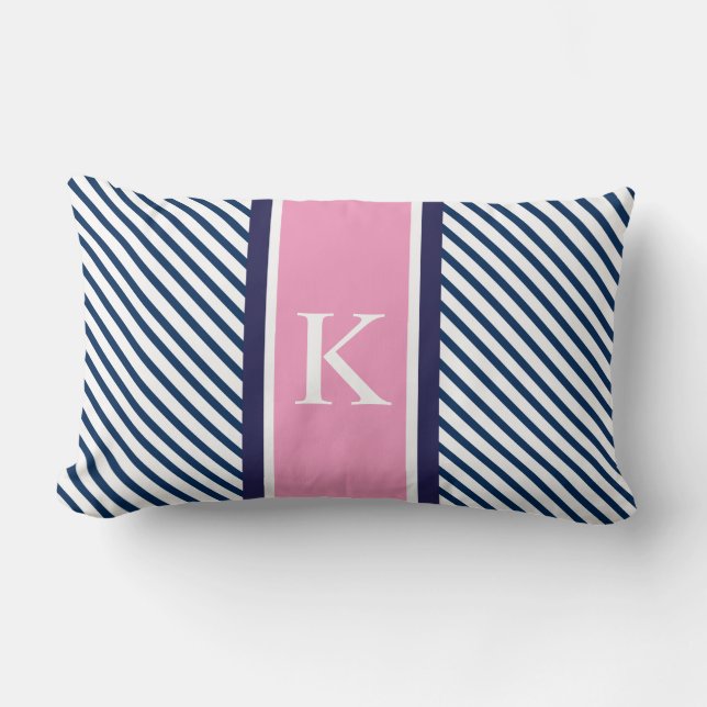 Marinblåa vitrandar & rosa Monogram Lumbarkudde (Framsida)