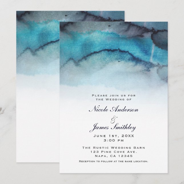 Marinblått akvarell kustnära strand abstrakta vågo inbjudningar (Fram/baksida)