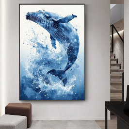 Marinblått akvarellvalfisk strand barnkammare kons poster