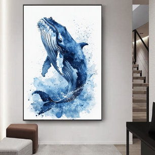 Marinblått akvarellvalfisk strand barnkammare vägg poster