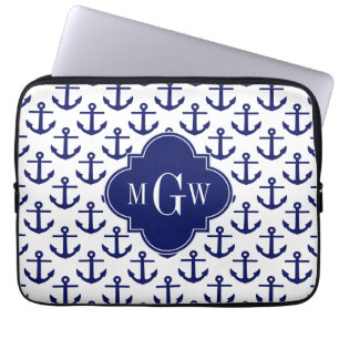 Marinblått ankrar vit BG, initial Monogram för Laptop Fodral