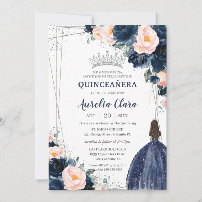  marinblått Blommigt Princess Silver Quinceañera Inbjudningar (Framsida)