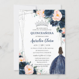  marinblått Blommigt Princess Silver Quinceañera Inbjudningar