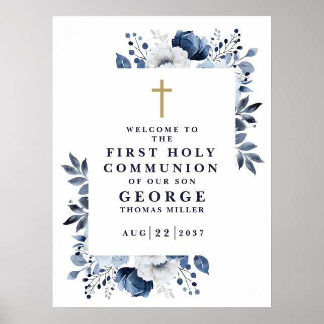Marinblått botaniskt välkomstskylt för första natt poster (Framsidan)