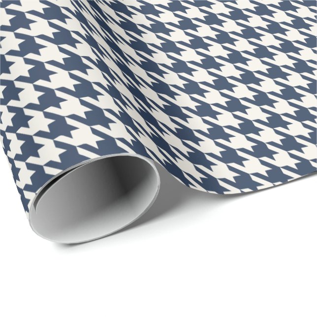 Marinblått & Elfenbensfärgad Houndstooth-mönster | Presentpapper (Rullad Hörn)