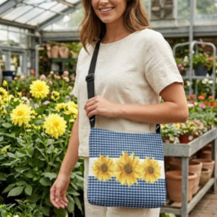 Marinblått Gingham med Solrosor Axelväska