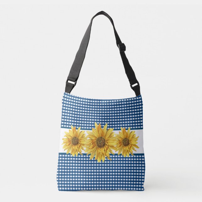 Marinblått Gingham med Solrosor Axelväska (Framsida)