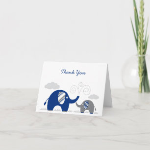 Marinblått grått baby showertack för elefant tack kort