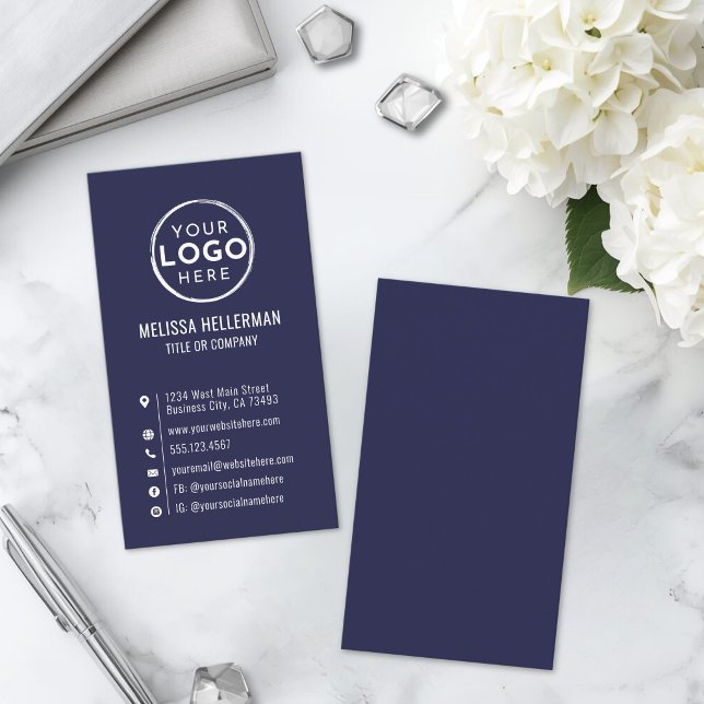 Marinblått Logotyp Minimal Modern Vertikal Visitkort (Navy Blue Logo Minimal Modern Vertical Business Card )