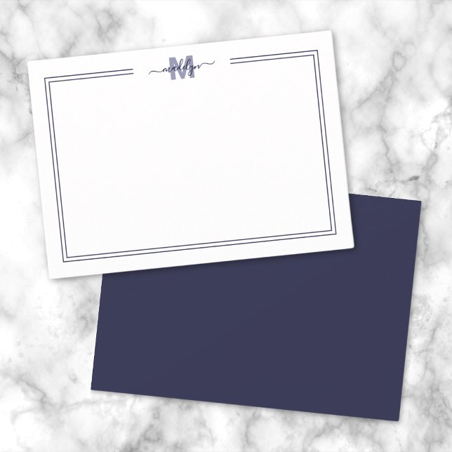 Marinblått minimalistiskt monogram med två ramar anteckningskort (Navy Blue Minimalist Two Border Monogram Note Card)