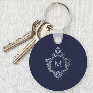 Marinblått monogram initial i vintage utsmyckad va nyckelring