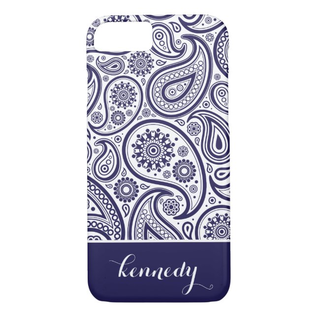 Marinblått namn för Paisley blommönsterMonogram Case-Mate iPhone Skal (Baksida)