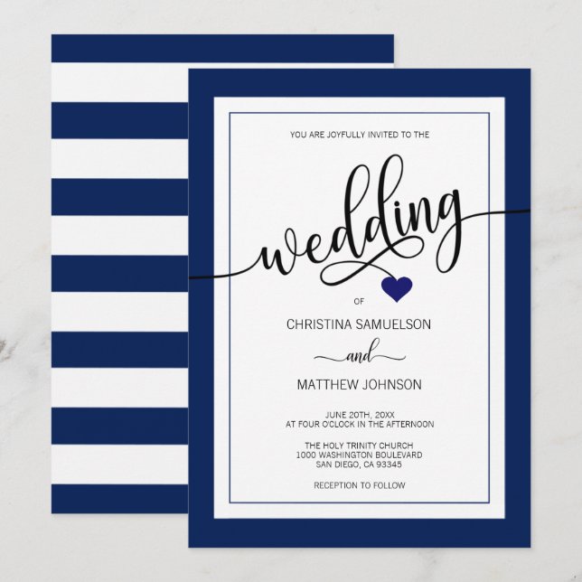 Marinblått nautiskt bröllop för flott randar inbjudningar (Fram/baksida)