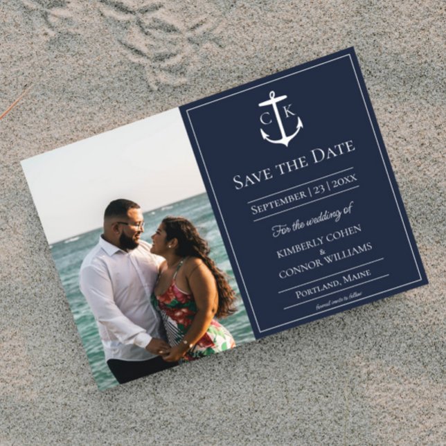 Marinblått Nautiskt Monogram Foto Save the Date Spara Datumet (Navy Nautical Monogram Photo Save the Date)