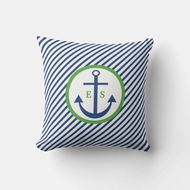 Marinblått och grönt ankra monogramen kudder kudde (Framsida)