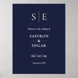 Marinblått Och Guld Monogram Bröllops Välkomstskyl Poster