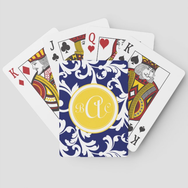 Marinblått och gult Monogrammed damastast tryck Spel Kort (Baksidan)