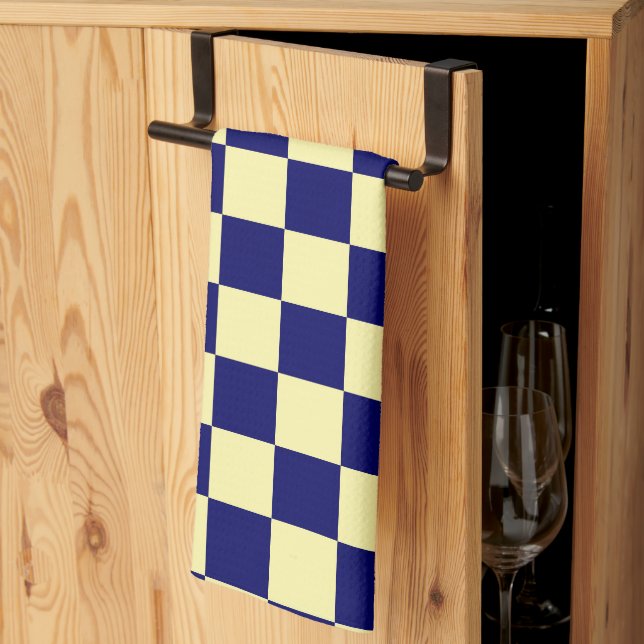 Marinblått och gult schackbrädemönster kökshandduk (Thirds Fold)