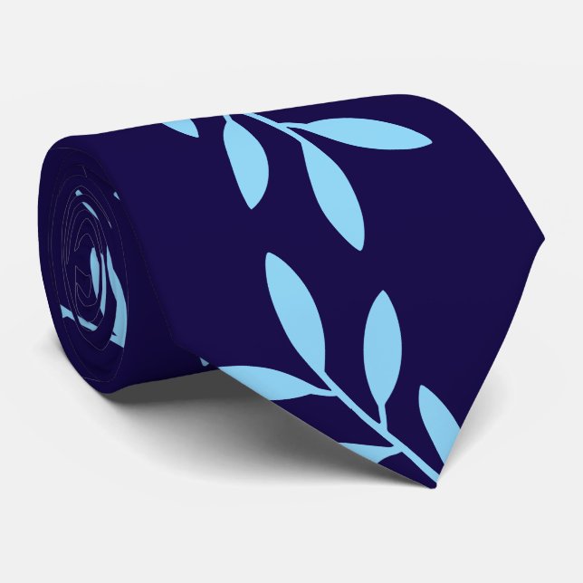 Marinblått och Ljusblått Botaniskt Bladmönster Slips (Rullad)