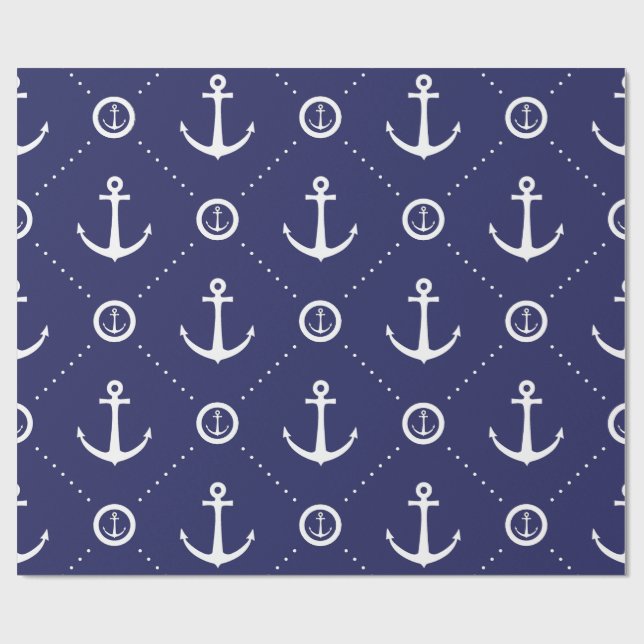 Marinblått och vitt nautiskt inslagspapper presentpapper (Platt)