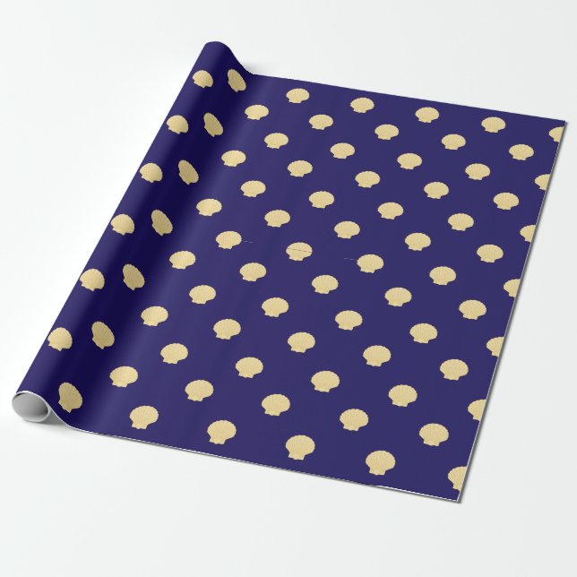 marinblått presentpapper med gyllene havs-kamskjel (Utrullad)