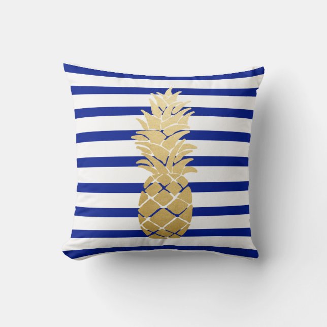 Marinblått randmönster för tropisk guld- ananas kudde (Framsida)