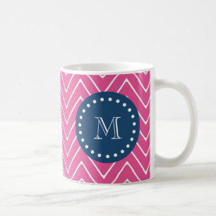 Marinblått shock rosasparremönster, din Monogram Kaffemugg