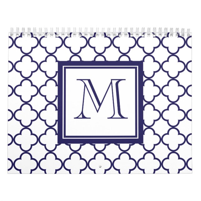 Marinblått vit Quatrefoil | din Monogram Kalender (Omslag)